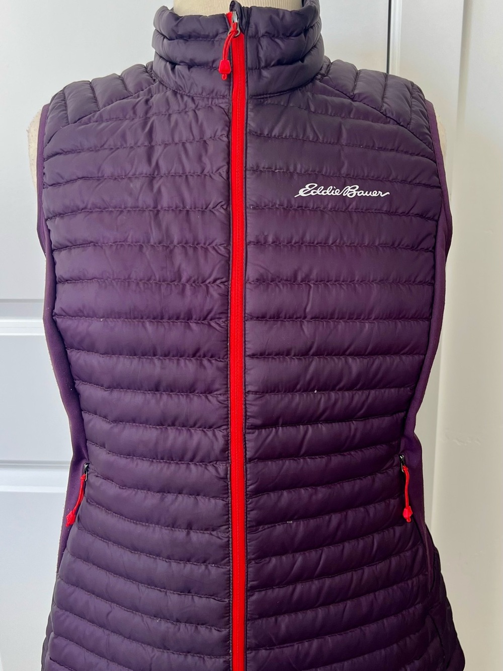 Eddie Bauer Plum Quilted Packable Vest with Red Trim
